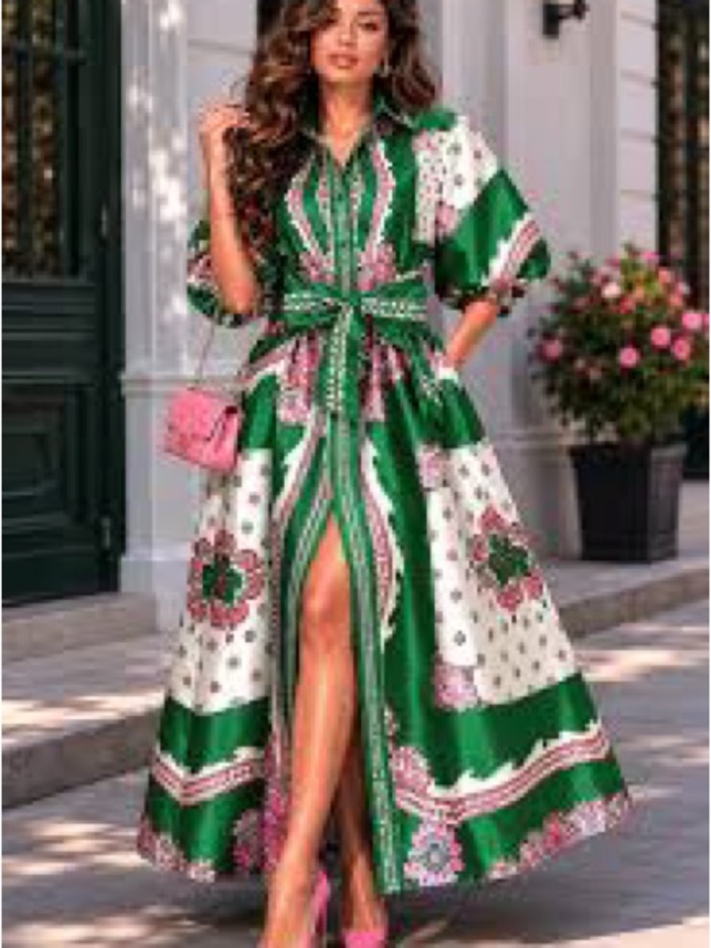 NWT, Pink and Green Satin Maxi Shirt Dress with Removable Tie Belt, Designer - Picture 2 of 3